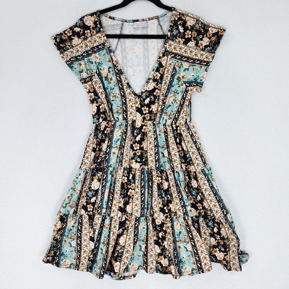 Urban Outfitters Dress Womens Small Floral Tiered A Line Babydoll Black Tan